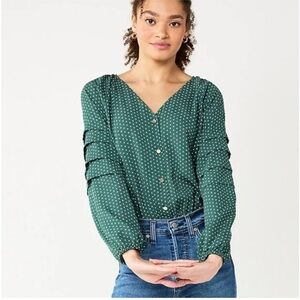 NWT Draper James RSVP forest green and white polka dot long sleeve bodysuit